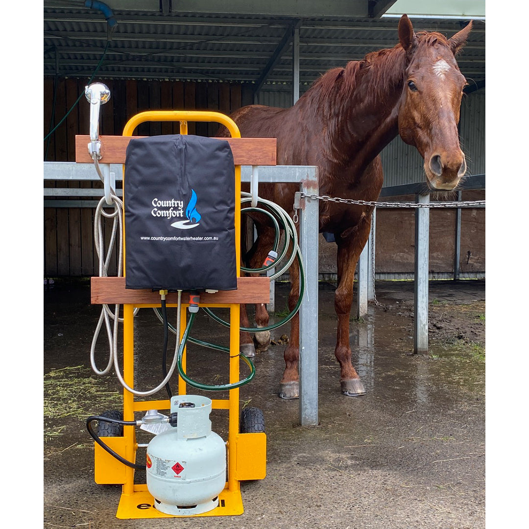 A horse stands next to a water tank, with the tank providing a source of water.