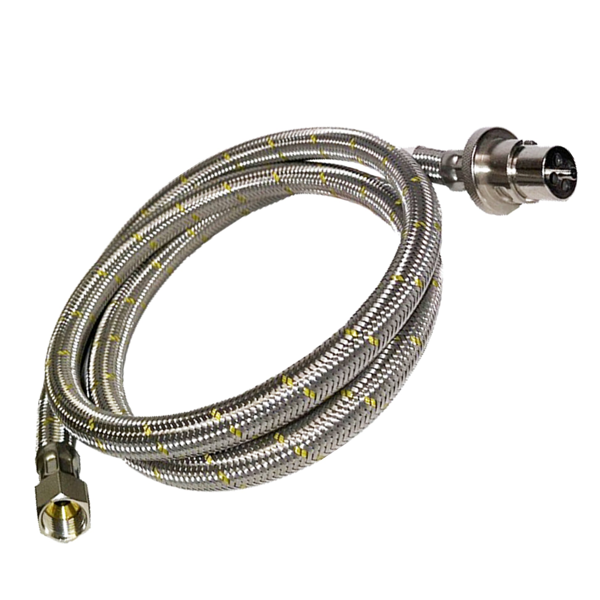 Stainless steel braided gas hose with connectors on a white background