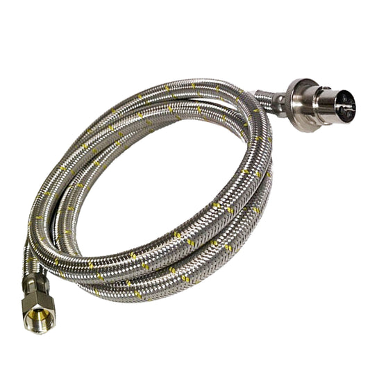Stainless steel braided gas hose with connectors on a white background