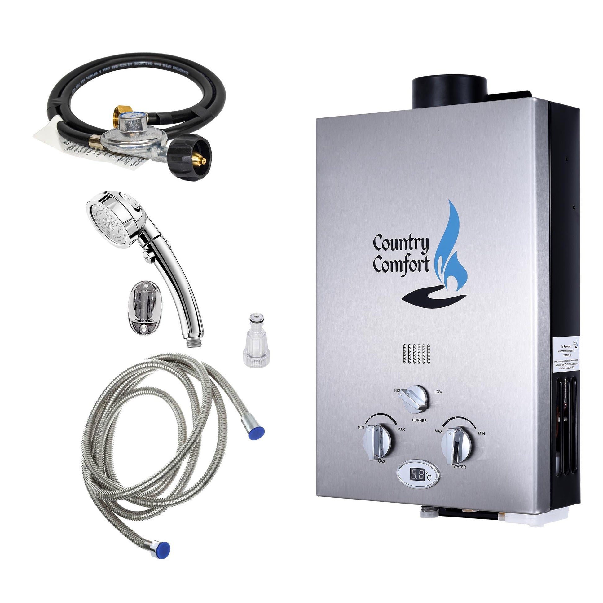 Portable gas water heater with shower head and hose on a white background, featuring 'Country Comfort' brand.