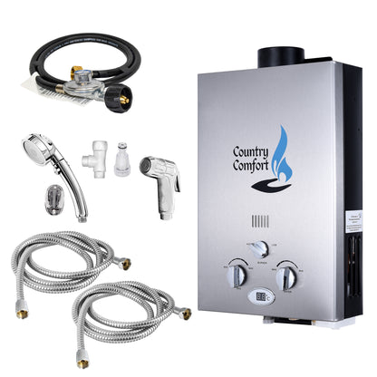 Country Comfort water heater with shower head and hose kit on a white background