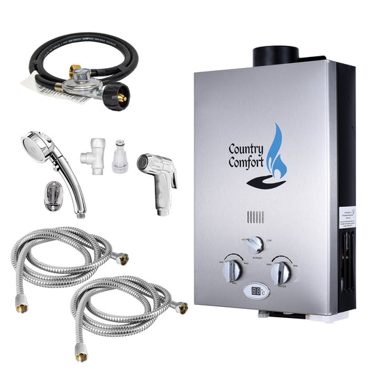 Country Comfort water heater with shower head and hose kit on a white background