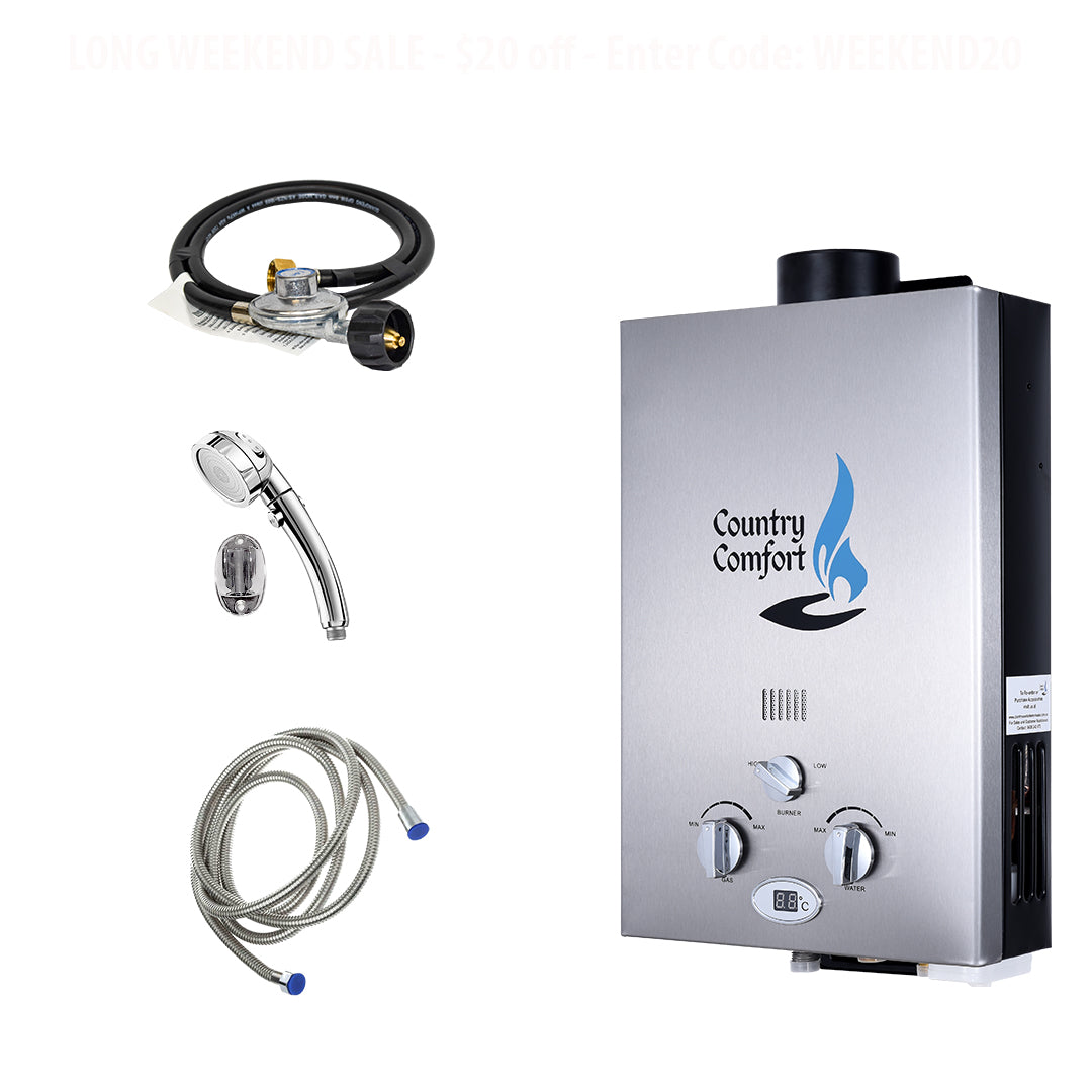 Country Comfort tankless shower heater kit with a stainless steel control panel, shower head, flexible water supply hose, and gas supply hose on a white background.