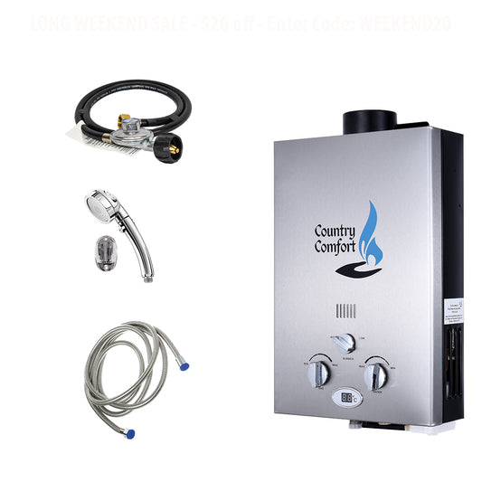 Country Comfort tankless shower heater kit with a stainless steel control panel, shower head, flexible water supply hose, and gas supply hose on a white background.